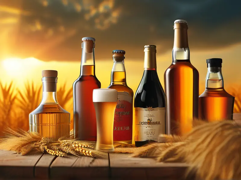 小麦酿造的各种酒类展示