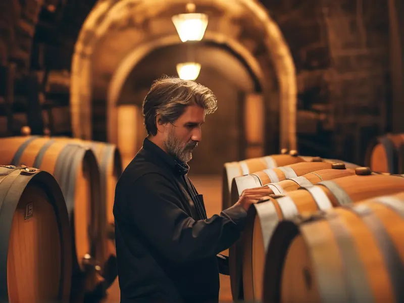 酿酒师检查橡木桶中的xo酒