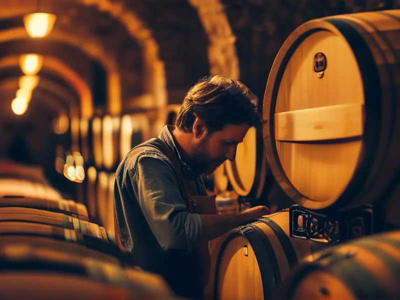 酿酒师检查橡木桶中的xo酒