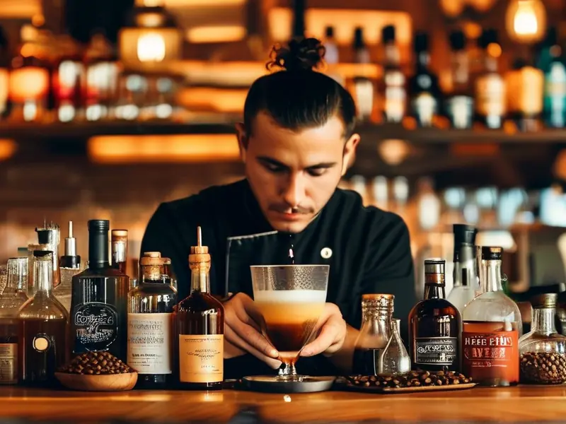 专业调酒师调制咖啡鸡尾酒的场景