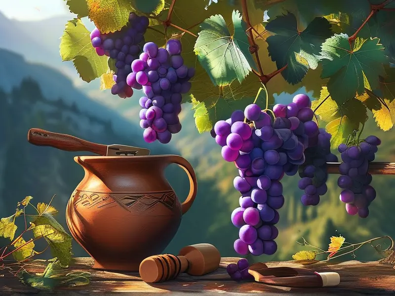 野外生长的成熟野葡萄与酿酒工具实拍图