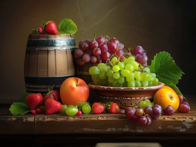 果酒制作原料展示：新鲜水果和玻璃发酵罐
