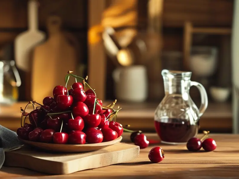 新鲜樱桃和酿酒工具准备制作樱桃酒