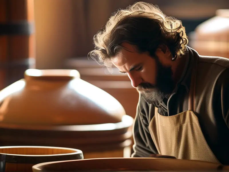 酿酒师检查发酵中的粮食原料