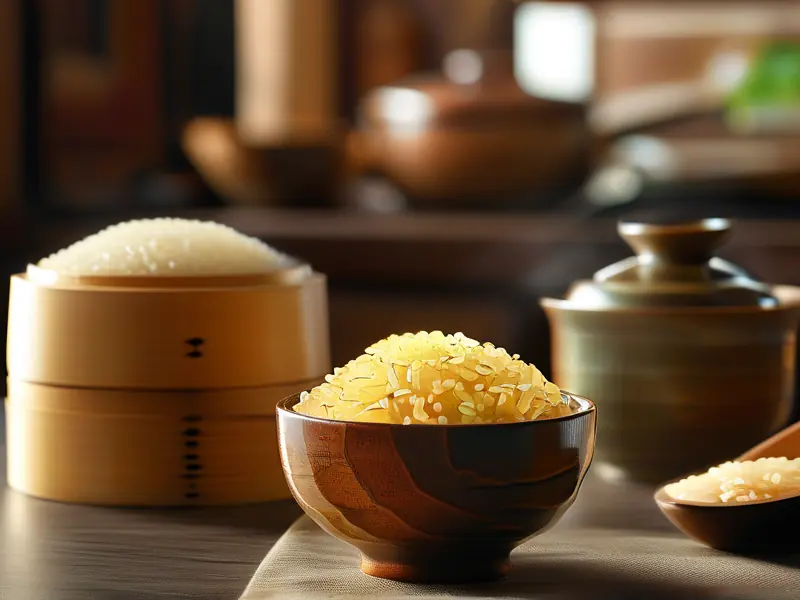 金黄饱满的酒米饭成品展示