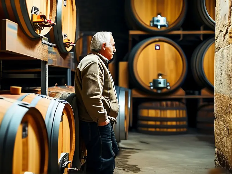 酿酒师检查窖藏酒坛的专业场景