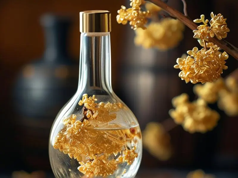 自制桂花酒成品展示与原料特写