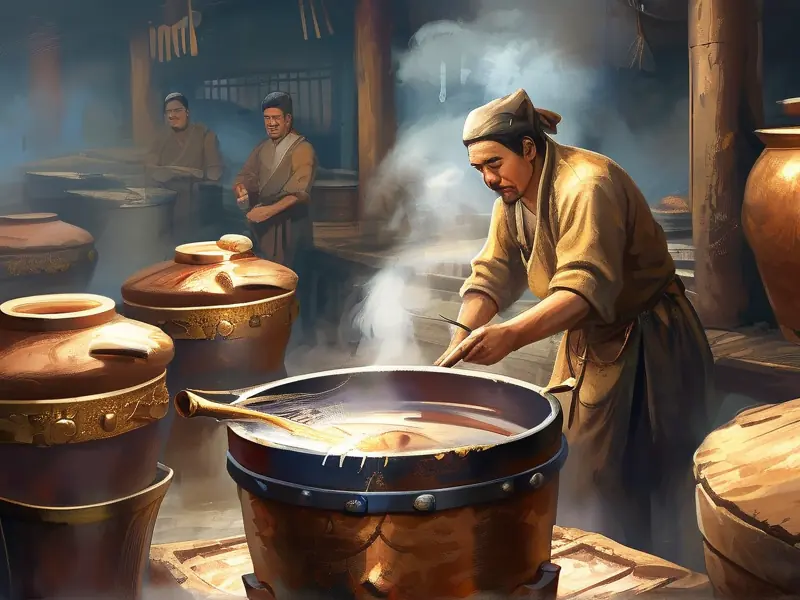 古代中国蒸馏法酿酒场景复原图