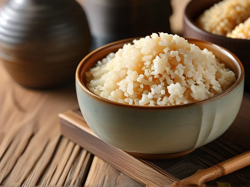 传统米酒酒曲特写与发酵中的米酒