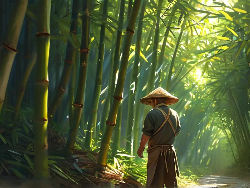 酿酒师在竹林中挑选适合制作竹酒的竹子