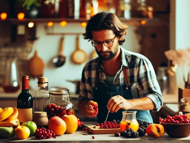 家庭酿酒师准备水果和工具酿造果酒