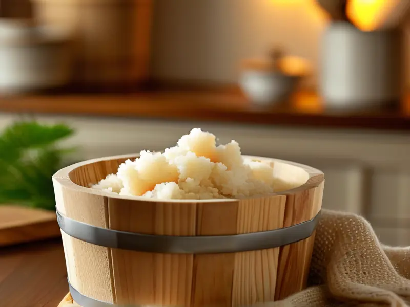 蒸熟的糯米与酒曲准备酿酒的场景