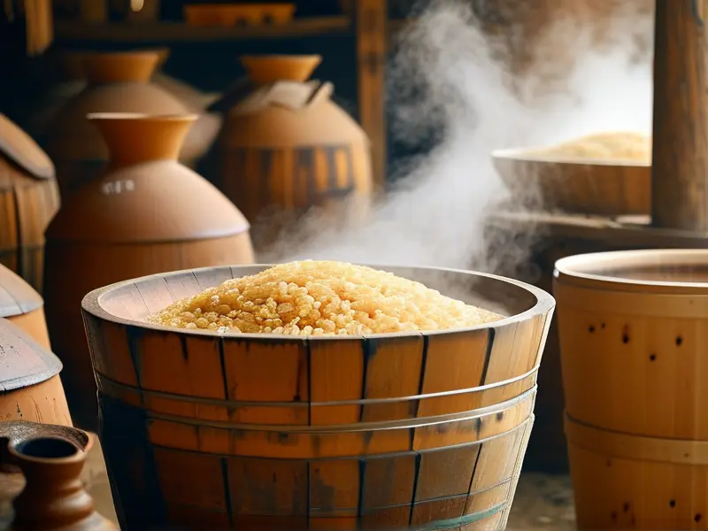 传统工艺蒸煮大米酿酒过程实拍