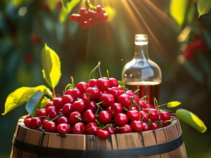 新鲜的abo樱桃和酿酒工具准备制作樱桃酒