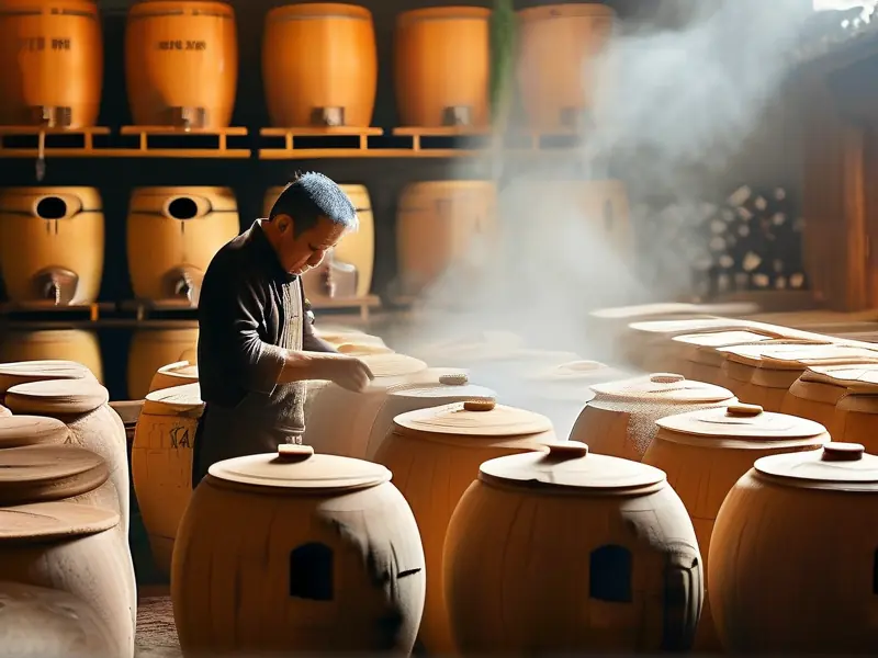 安徽传统酿酒作坊内老师傅检查酒醅的实景照片