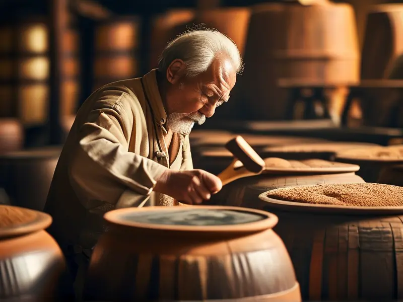 传统酒坊中酿酒师手工操作酒醅的场景
