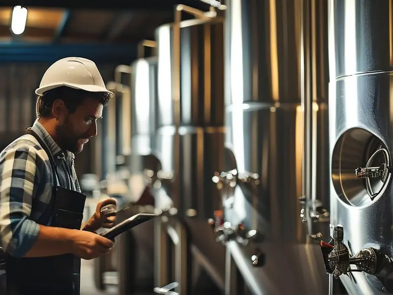 酿酒师检查不锈钢白酒储罐焊接质量