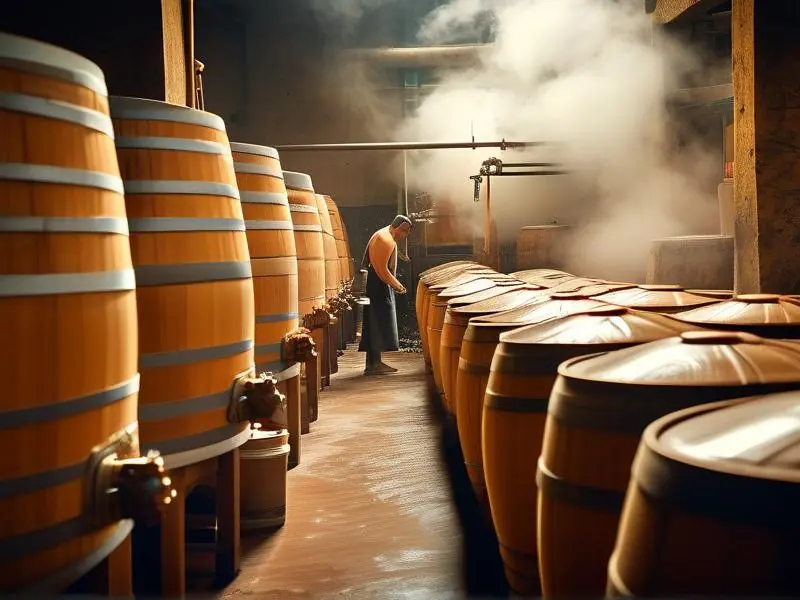 白酒发酵车间实景:工人检查酒醅与发酵设备