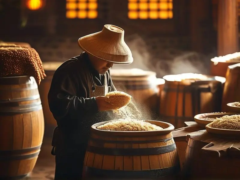 酿酒师检查白酒精酿发酵过程