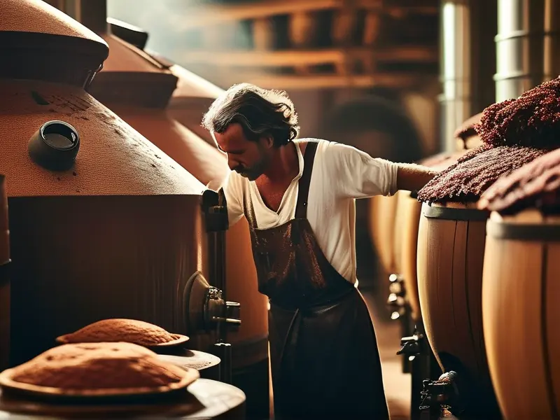 酿酒师检查酒醅的白酒酿造工教程现场