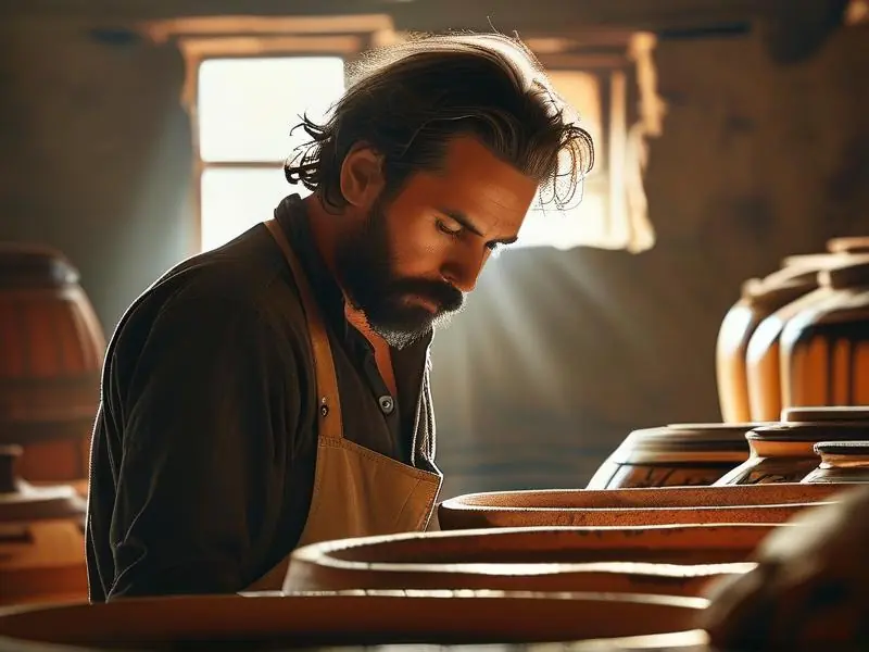 酿酒师检查陶缸中的陈酿白酒