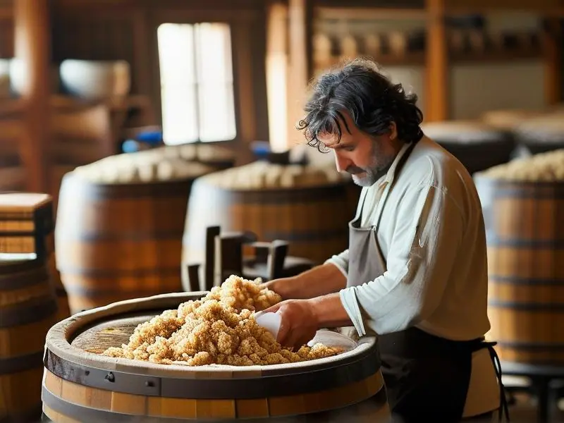 酿酒师检查白酒糟发酵过程