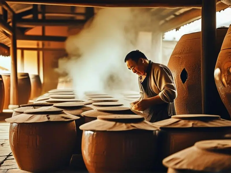 安徽传统酿酒师傅检查酒醅的匠心工艺场景