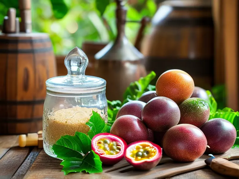 新鲜百香果和酿酒工具准备制作百香果酒