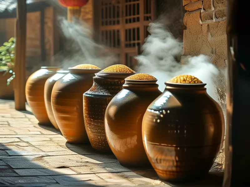 传统包谷酒酿造场景:发酵缸与蒸馏设备工作状态
