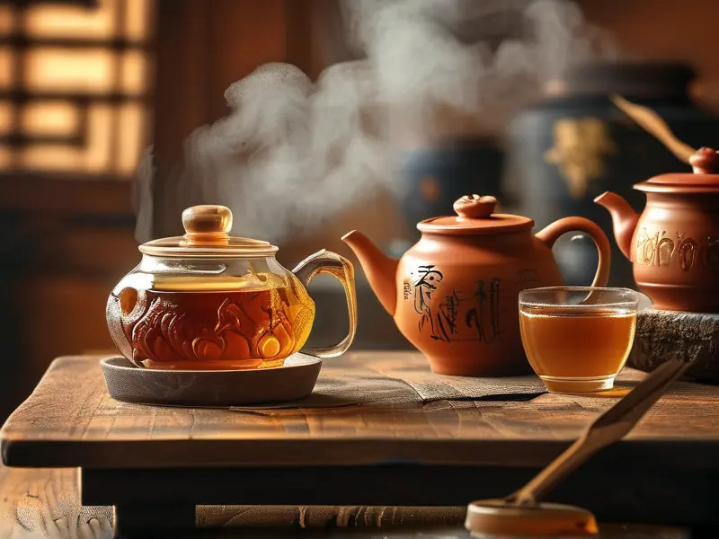 传统茶酒酿造过程展示茶叶、发酵罐和玻璃杯中的琥珀色茶酒
