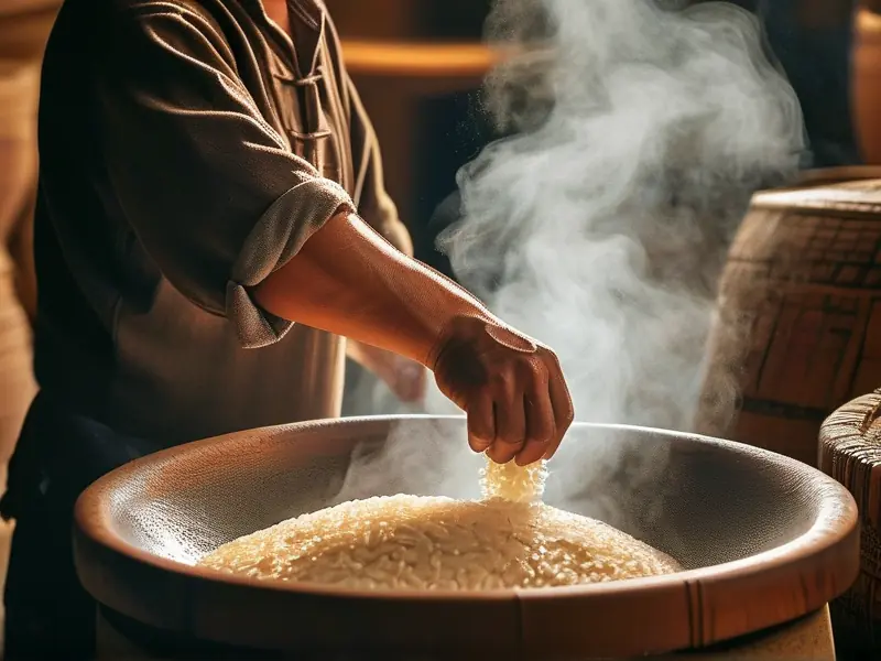 酿酒师炒制大米的传统工艺