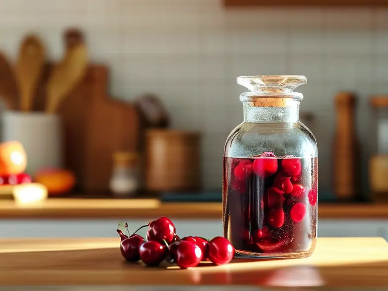 自制车厘子酒原料与发酵过程实拍图