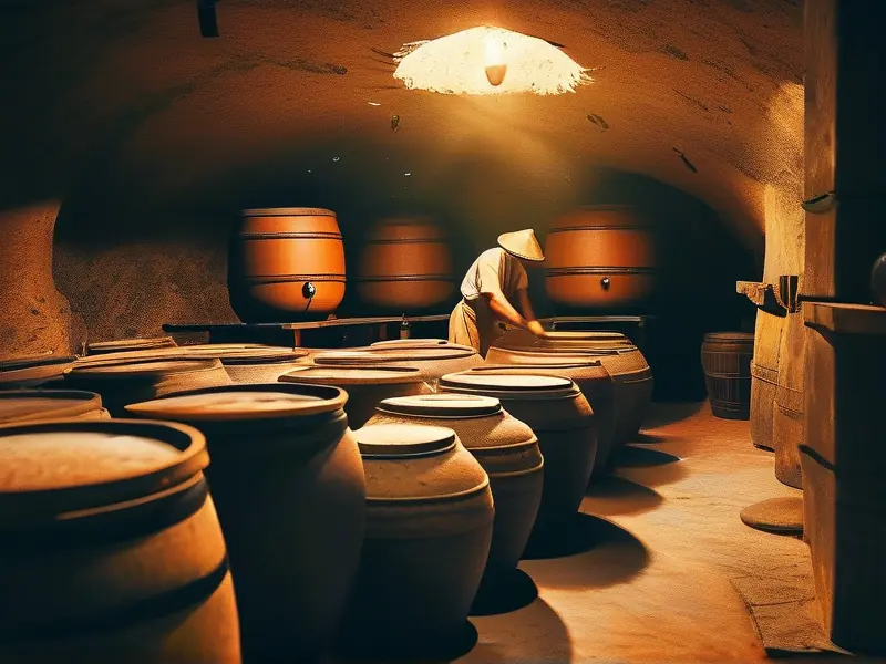 传统黄酒酿造工艺实拍-陶缸发酵与酒醅搅拌