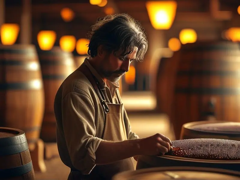 酿酒师测量纯粮食酒酒精度数的工作场景