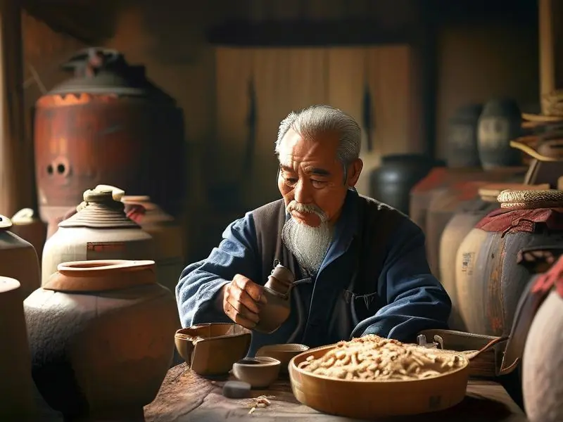 老酿酒师在传统酒坊中调配邓子均秘方酒