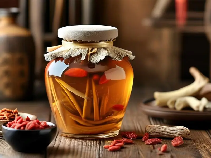 泡制好的多鞭酒与中药材展示