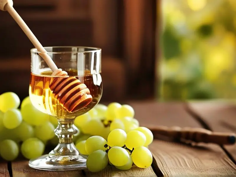 一杯金黄色的蜂蜜葡萄酒，旁边放着蜂蜜棒和葡萄，木质桌面，自然光线