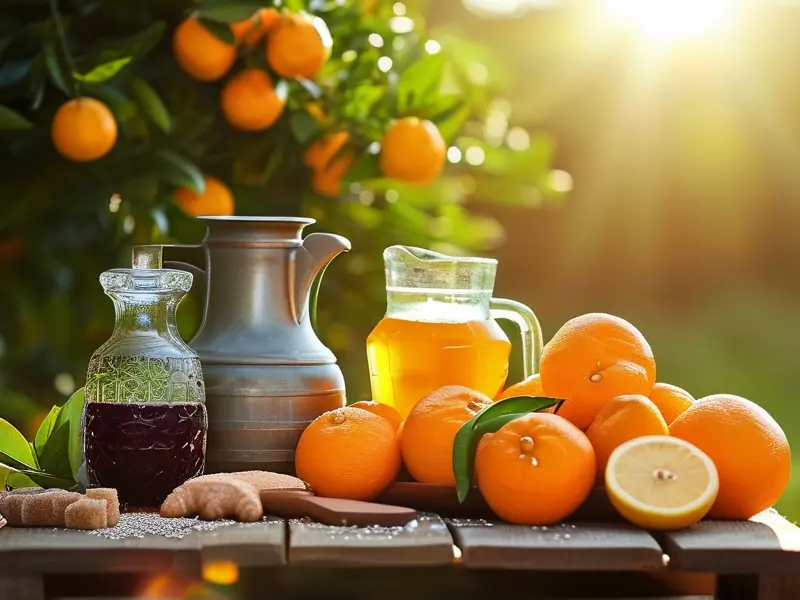新鲜柑橘和酿酒工具准备制作柑橘酒