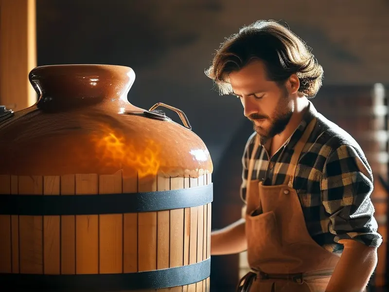 酿酒师检查干烧酒发酵过程