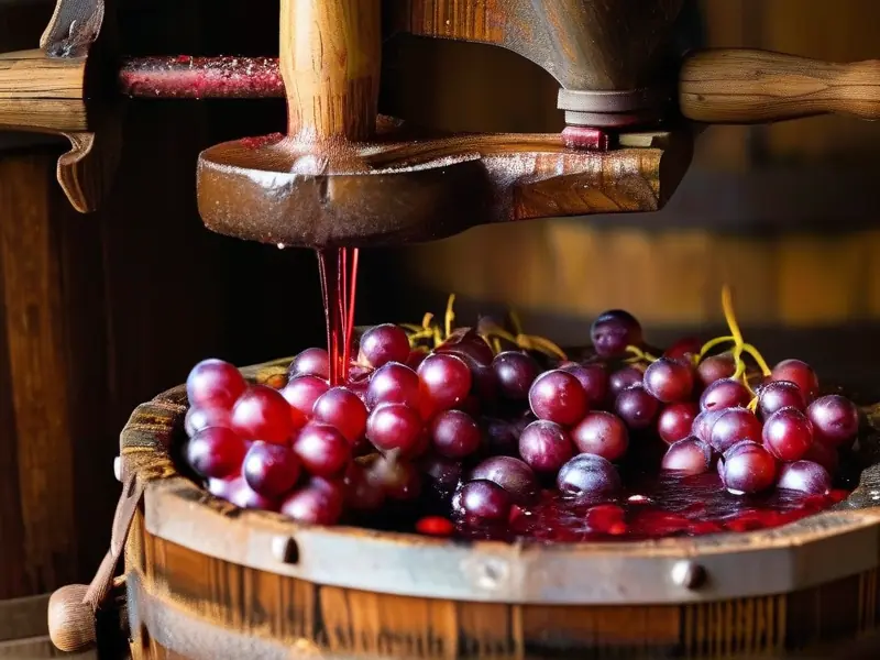 传统方式压榨红葡萄酿造干红葡萄酒的过程