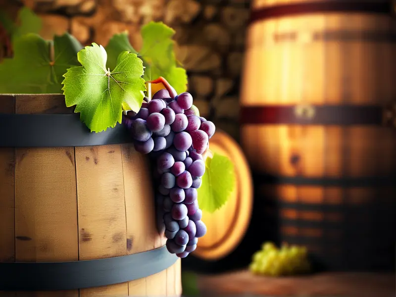 用于酿制干红葡萄酒的新鲜葡萄和橡木桶