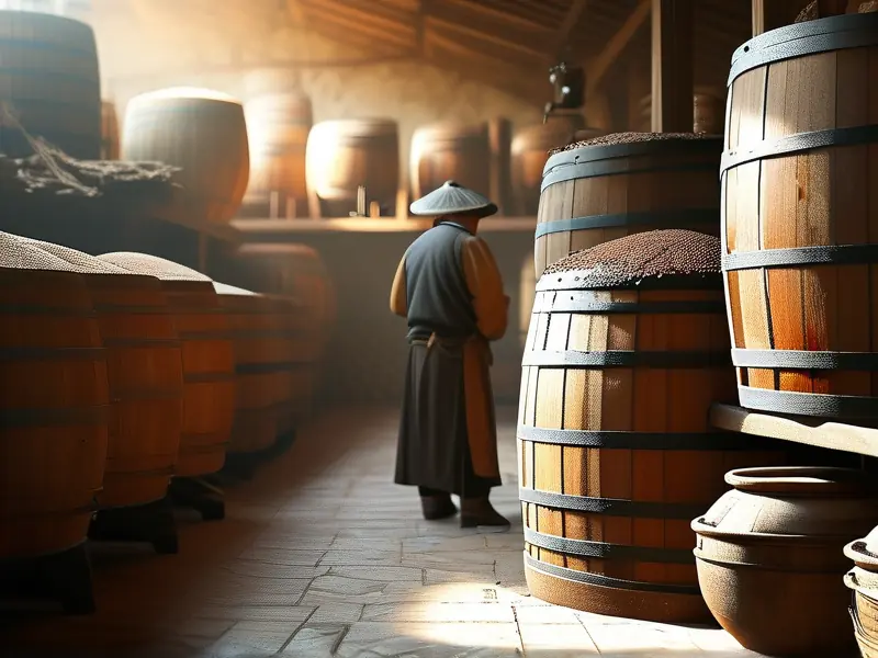 传统酿酒师傅检查酒醅