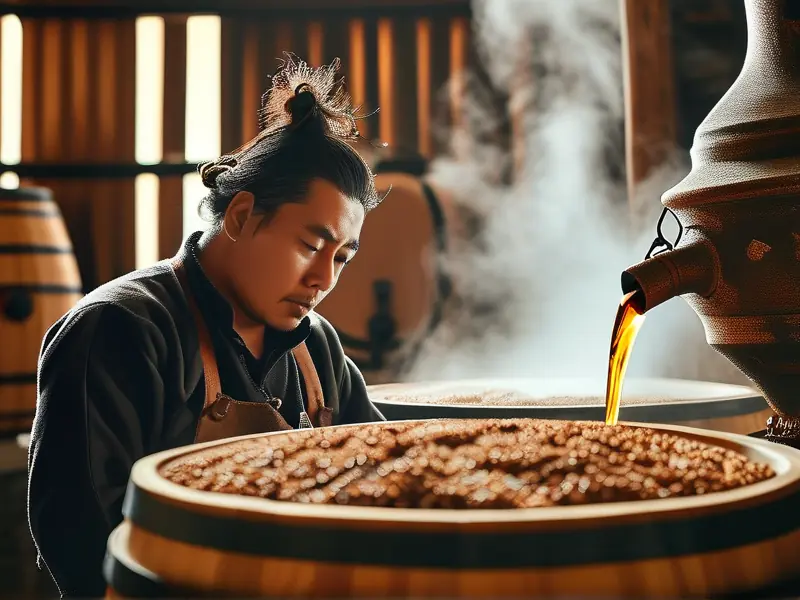 传统酿酒师检查高粱酒醅，蒸馏器蒸汽升起