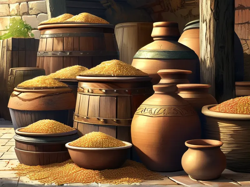 古代酿酒场景展示传统酿酒原料与工具