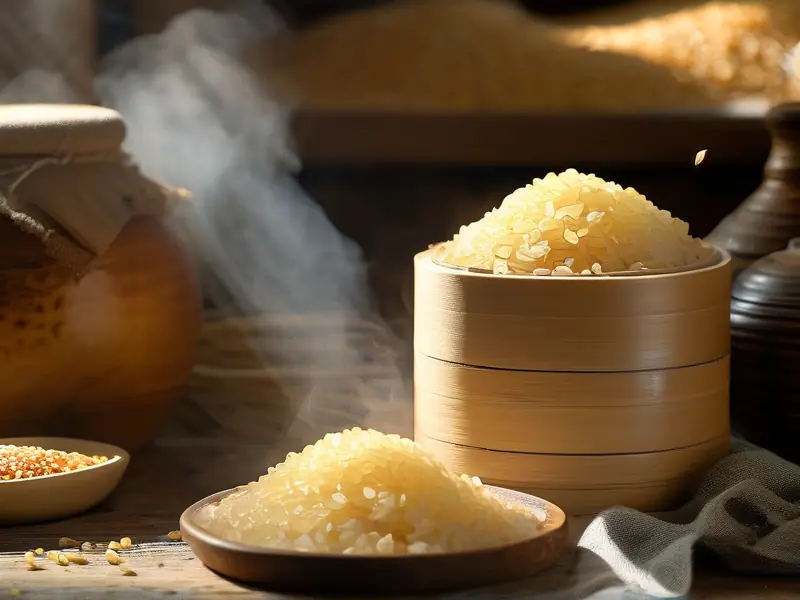 传统固态大米酒蒸米工艺流程实拍