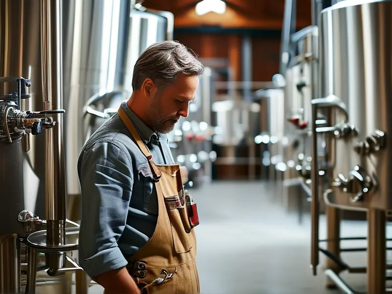 专业酿酒师检查不锈钢酿酒设备质量