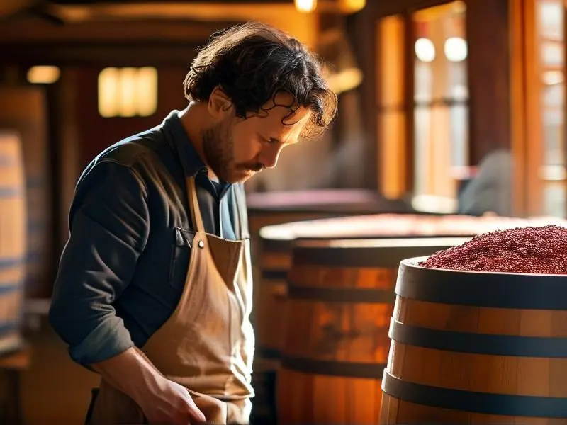 酿酒师检查红高粱发酵过程