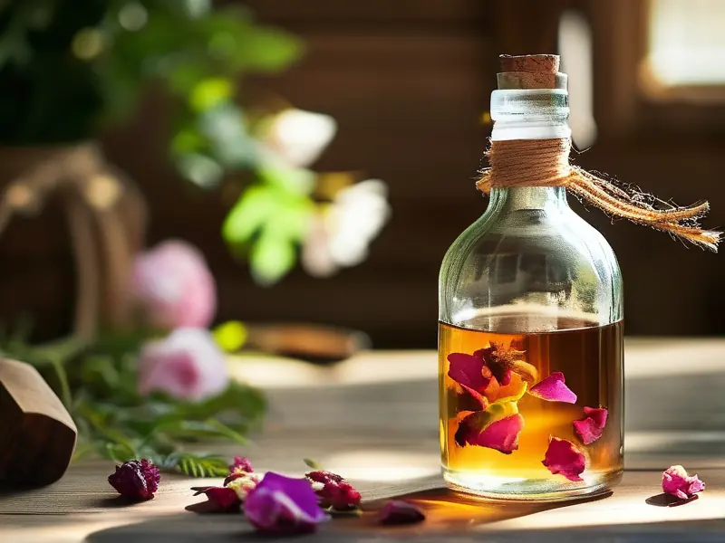 家庭自酿花酒原料与成品展示图