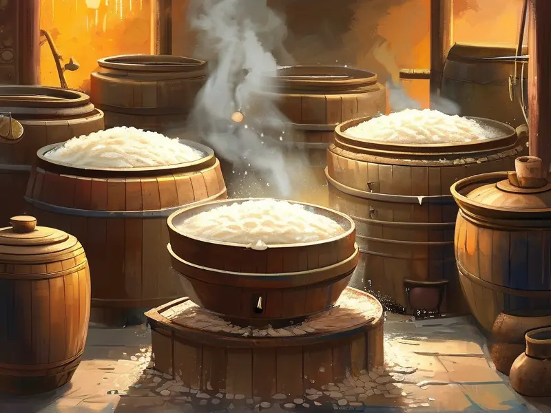 传统黄酒酿造过程展示：蒸煮糯米阶段