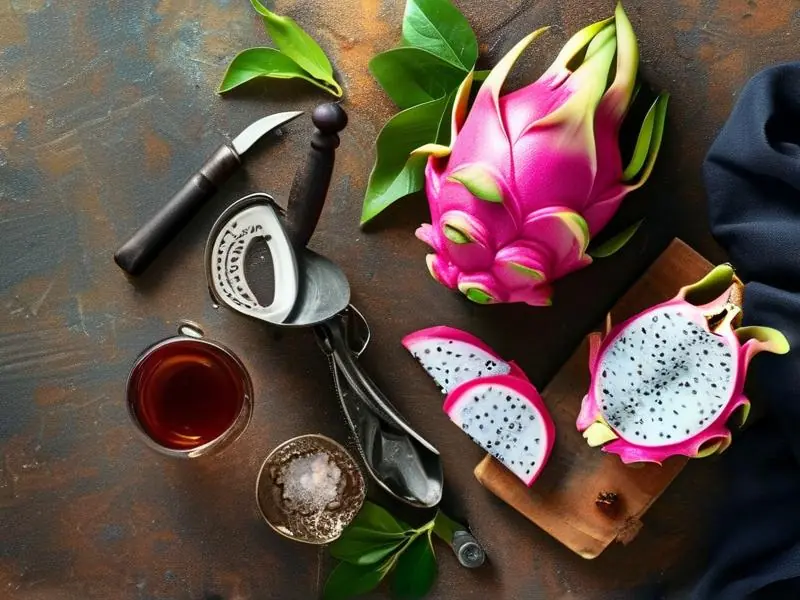 新鲜火龙果切片与酿酒器具